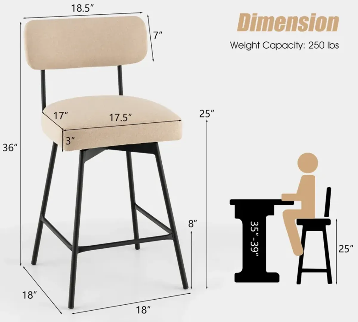 25" 2-Piece Modern Upholstered Bar Stools with Back and Footrests-Beige