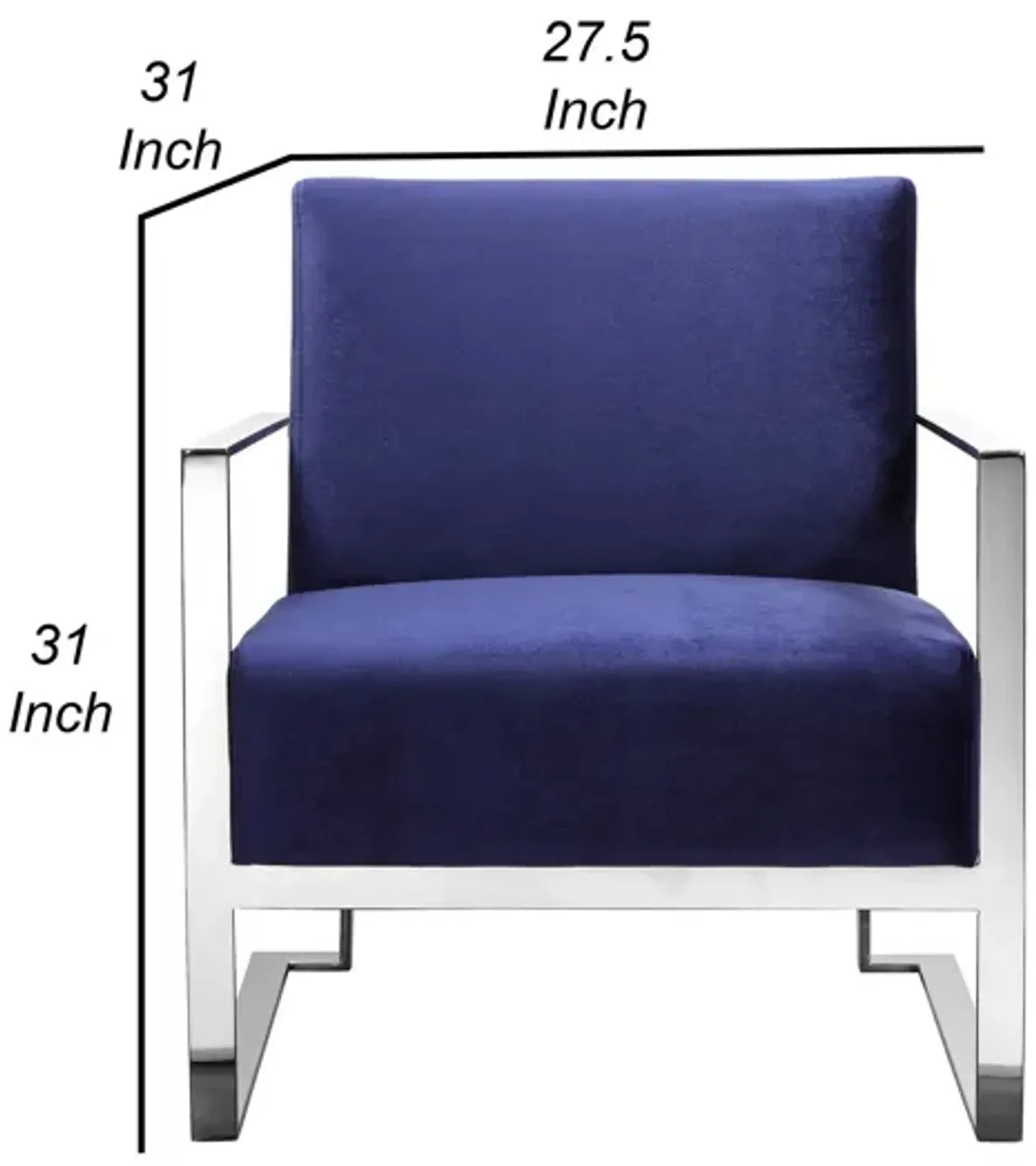 Boly 28 Inch Lounge Chair, Navy Velvet, Foam Cushions, Chrome Steel Base - Benzara