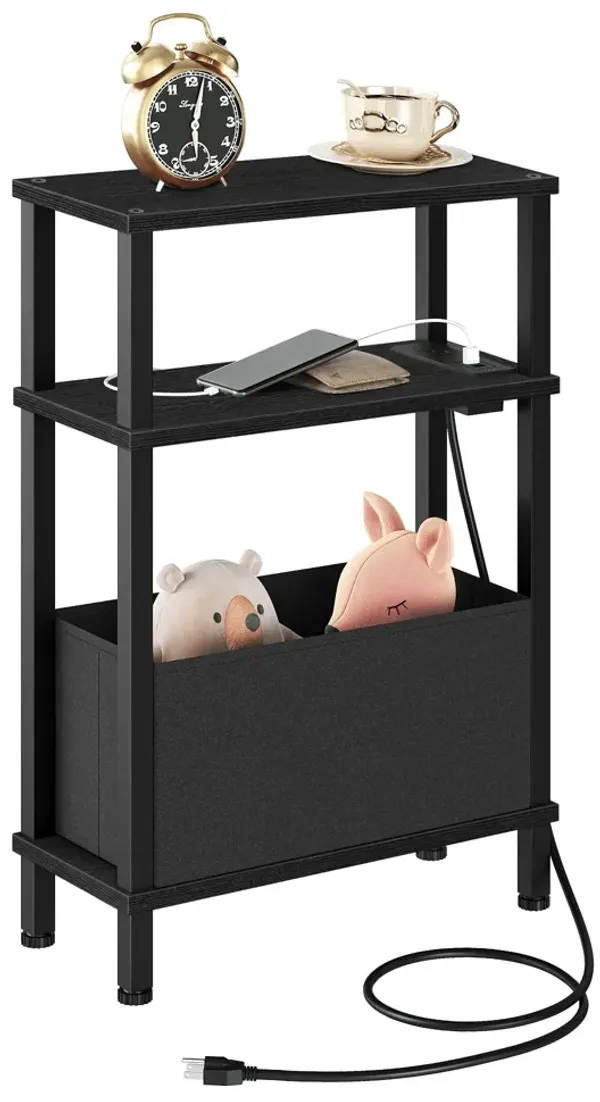 CHOEZON Small Narrow Side Table with Charging Station, Skinny End Table with Fabric Basket, Slim Nightstand for Small Spaces, So