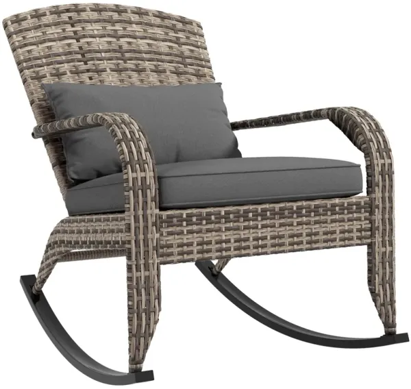 Outsunny Outdoor Wicker Adirondack Rocking Chair, Patio Rattan Rocker Chair with High Back, Seat Cushion, and Pillow for Garden, Porch, Balcony, Gray