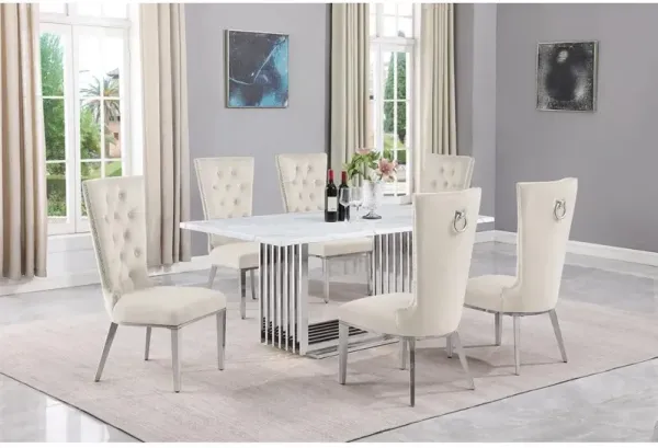 7pc Small(68") marble top dining set with silver base and 6 Cream side chairs