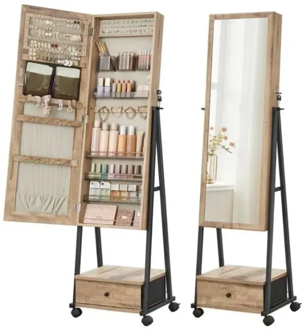 Hivvago Modern Industrial Metal Wood Jewelry Armoire Cabinet Organizer Mirror on Wheels