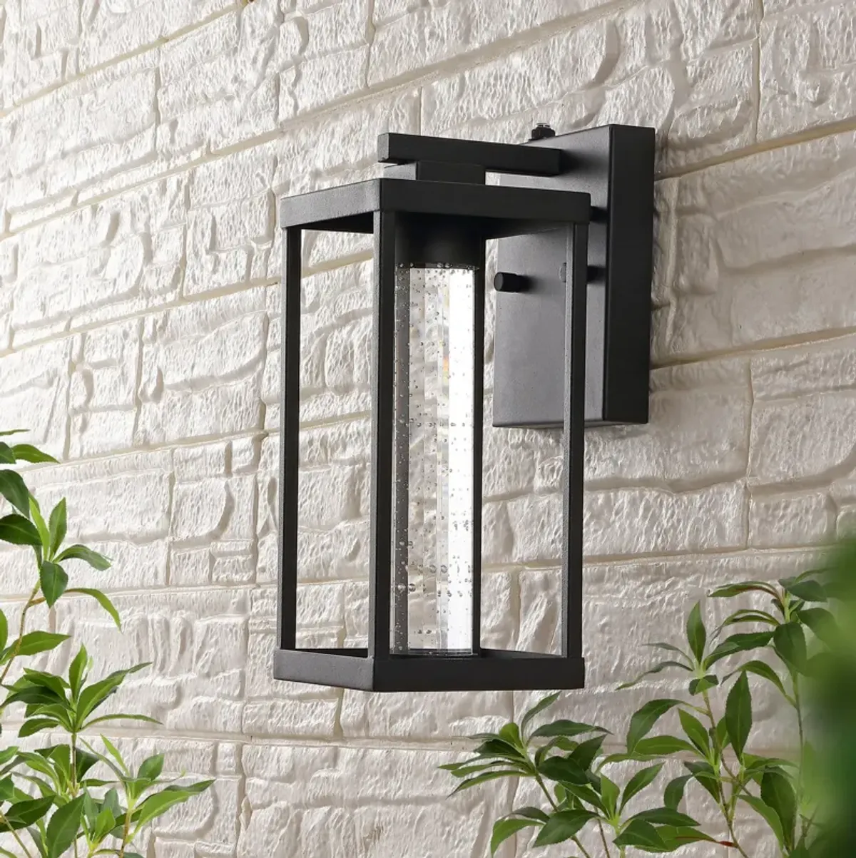 Juno 1-Light Industrial Vintage Iron/Seeded Glass with Dusk-to-Dawn Sensor Integrated LED Outdoor Sconce