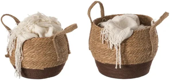 Straw Decorative Round Storage Basket Set of 2 with Woven Handles for the Playroom, Bedroom, and Living Room