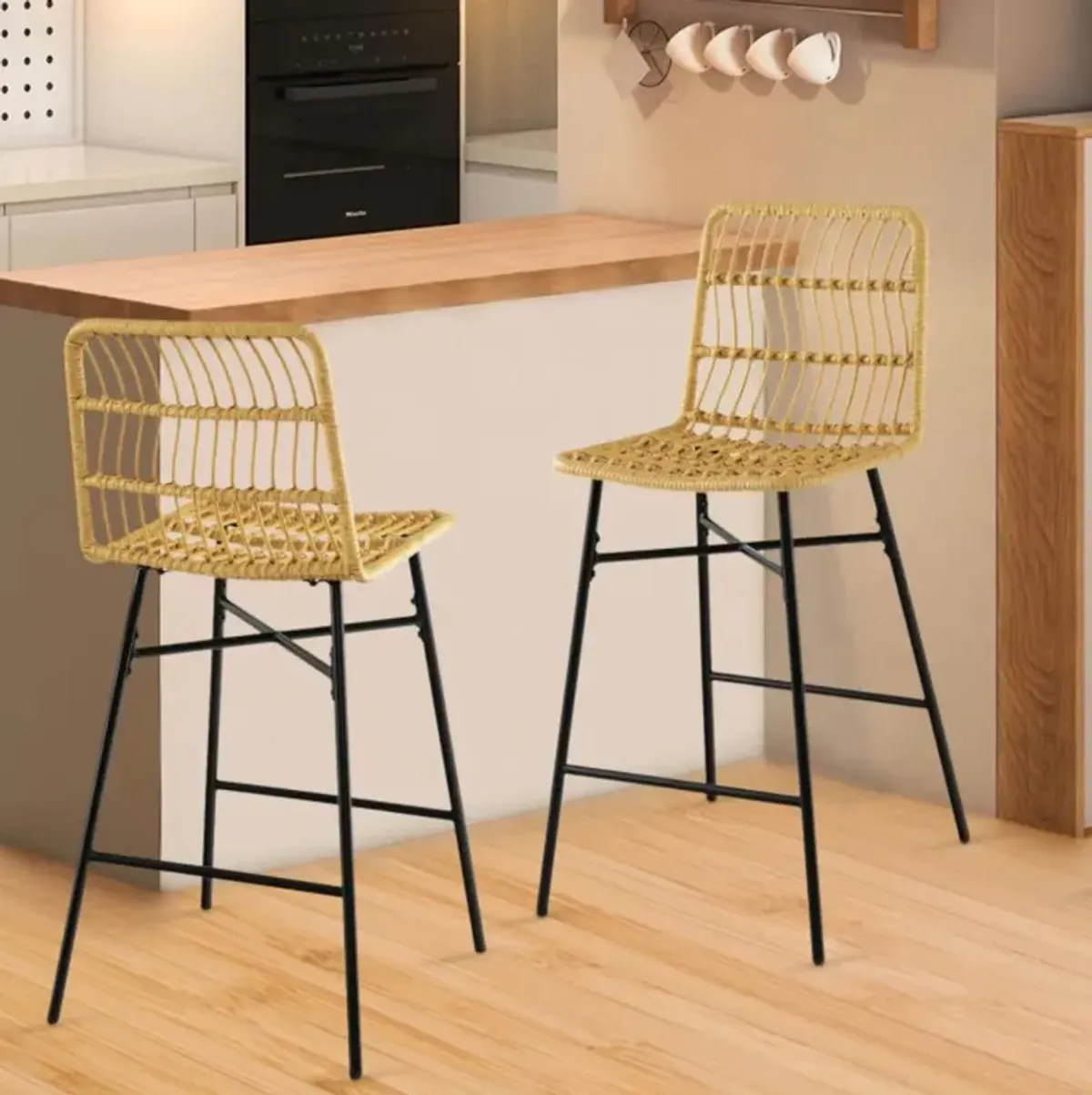 Hivvago Set of 2 Rattan Bar Stools with Sturdy Metal Frame-Yellow