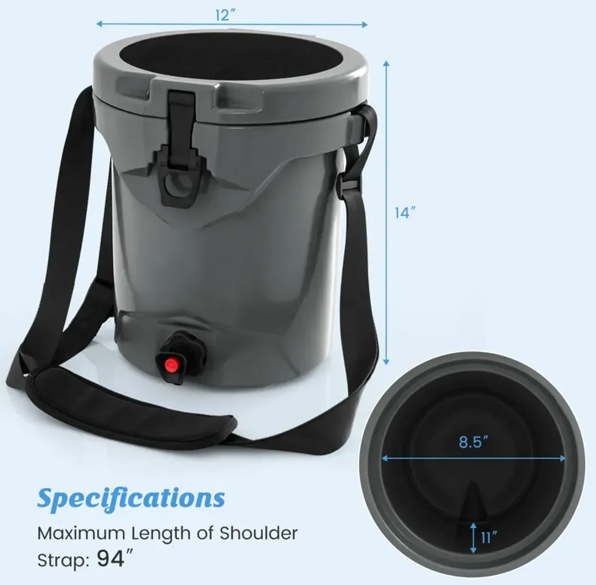 10 QT Drink Cooler Insulated Ice Chest with Spigot Flat Seat Lid and Adjustable Strap