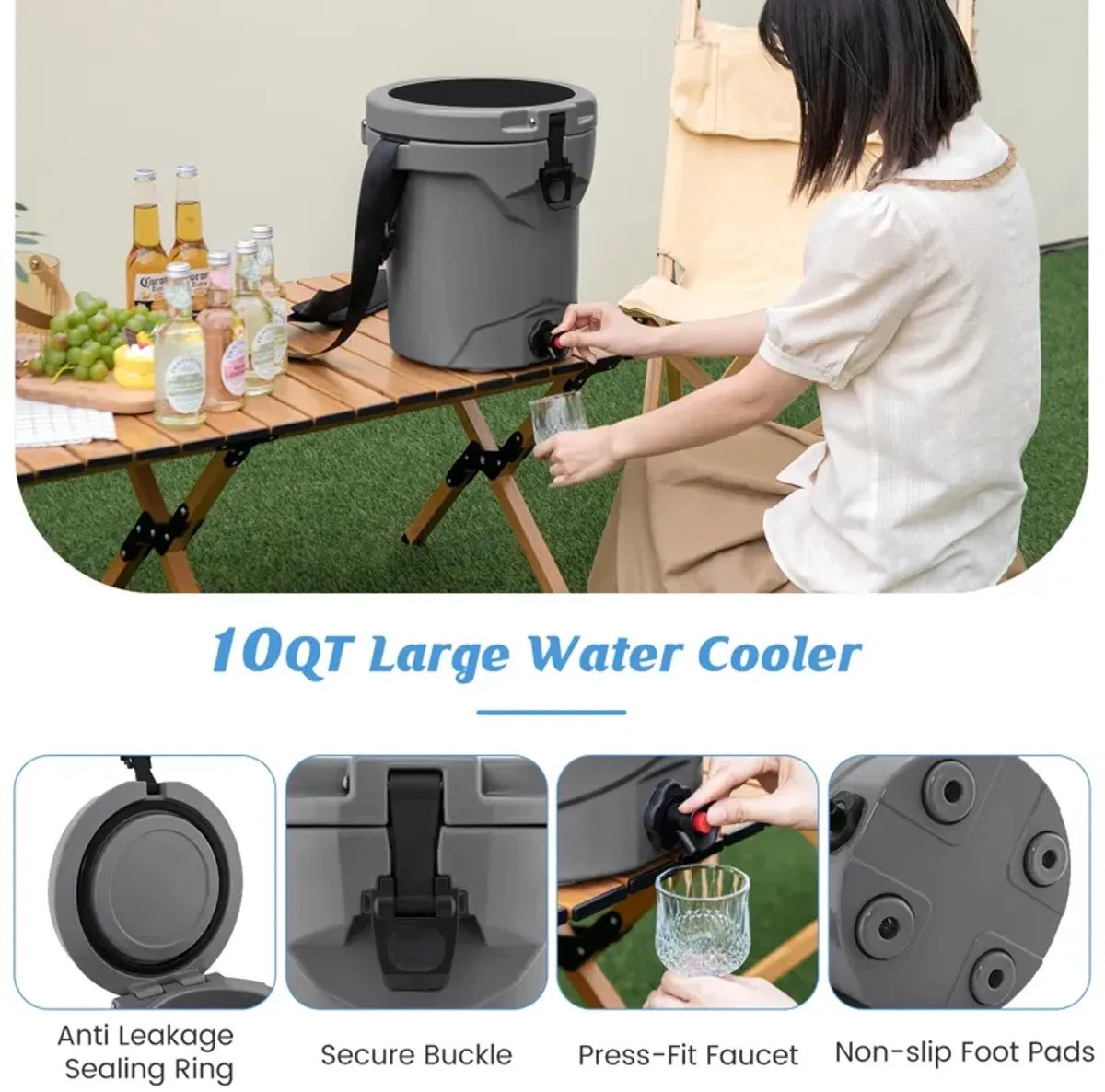 10 QT Drink Cooler Insulated Ice Chest with Spigot Flat Seat Lid and Adjustable Strap