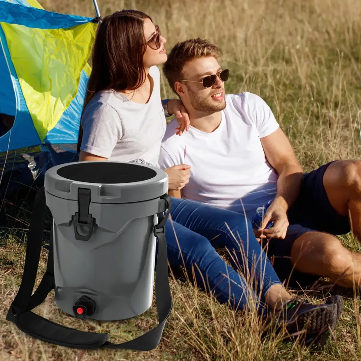 10 QT Drink Cooler Insulated Ice Chest with Spigot Flat Seat Lid and Adjustable Strap