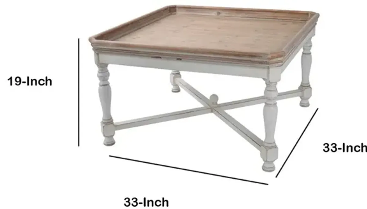 Square Shaped Wooden Coffee Table With Beveled Edges, Brown & Gray-Benzara