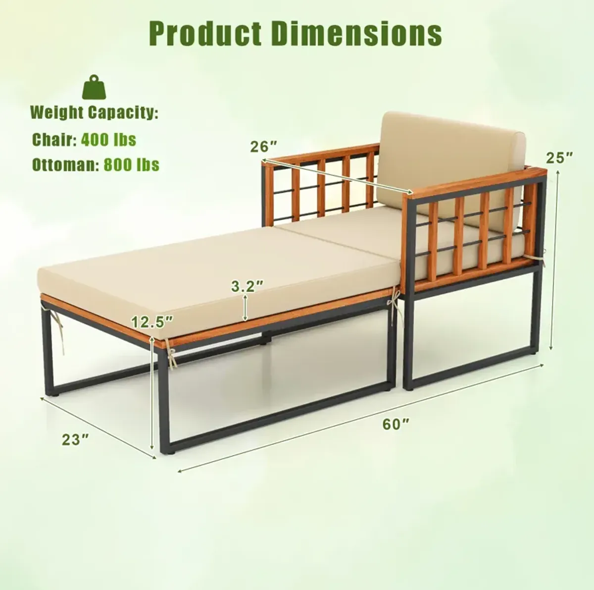 Patio Acacia Wood Armchair with Long Ottoman and Seat Back Cushions