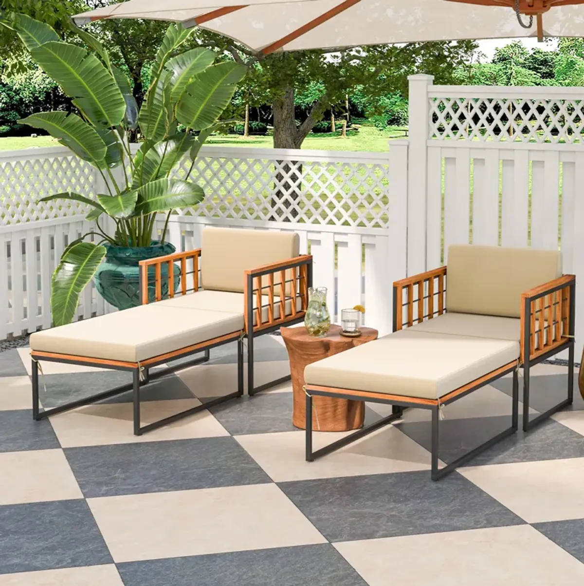 Patio Acacia Wood Armchair with Long Ottoman and Seat Back Cushions