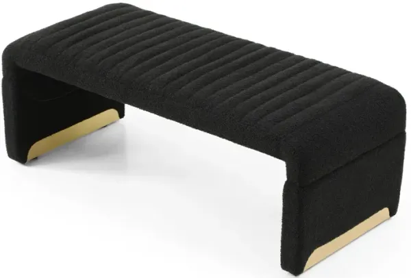 Modern Upholstered Ottoman Bench, Sherpa Fabric, Black