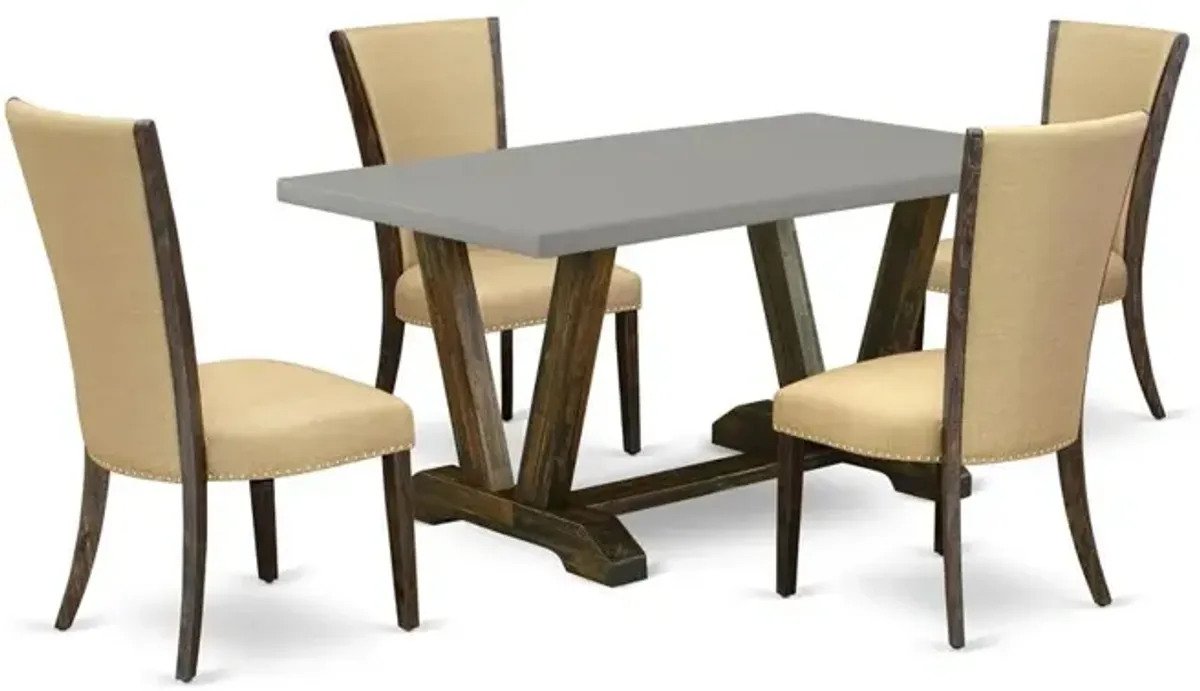 East West Furniture V796VE703-5 5Pc Dining Table set Contains a Dinette Table and 4 Parson Dining Chairs with Brown Color Linen Fabric, Medium Size Table with Full Back Chairs, Distressed Jacobean and