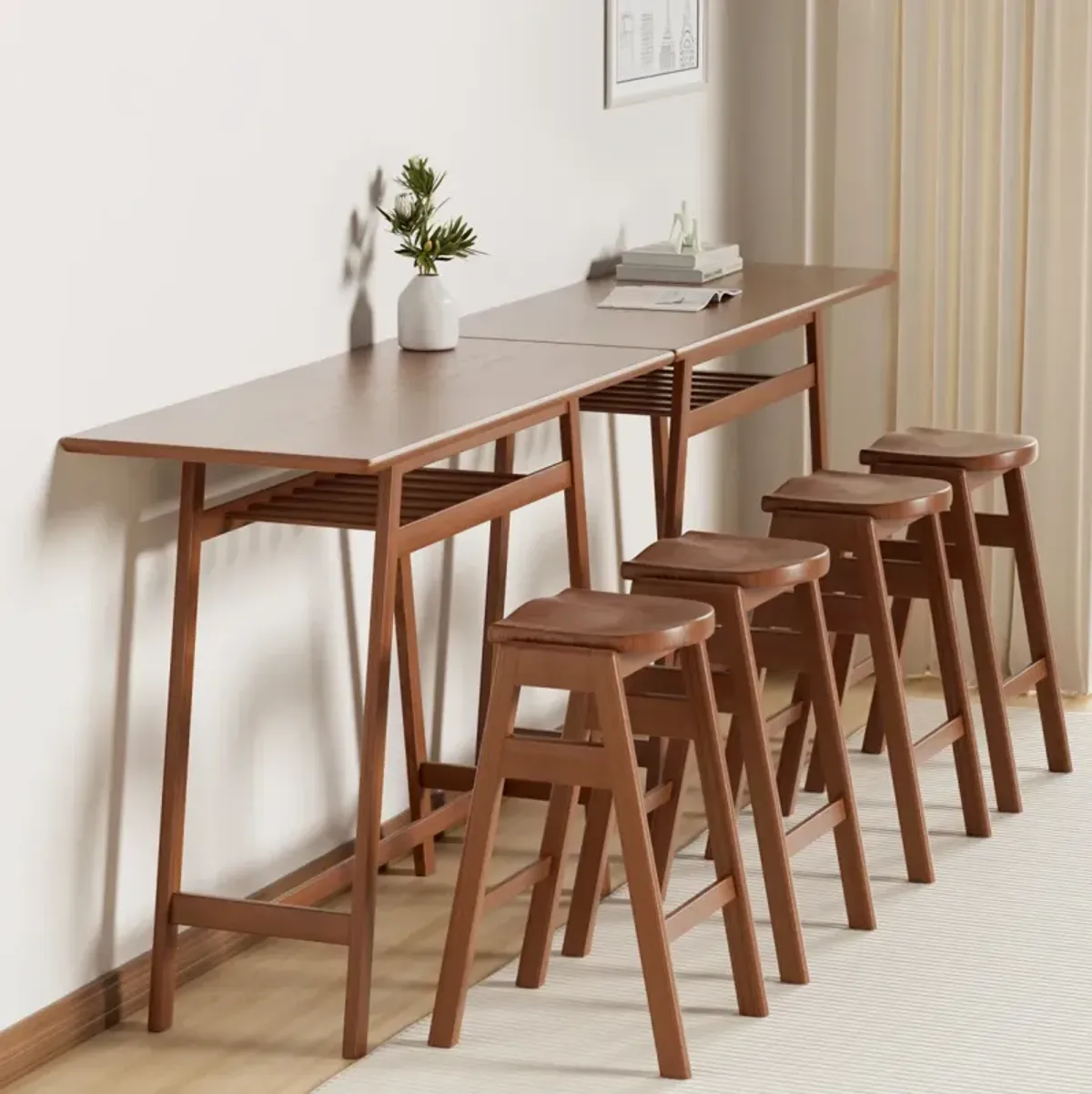 3 PCS Pub Dining Set Retro Bar Table Rubberwood Stackable Backless High Stool For 2