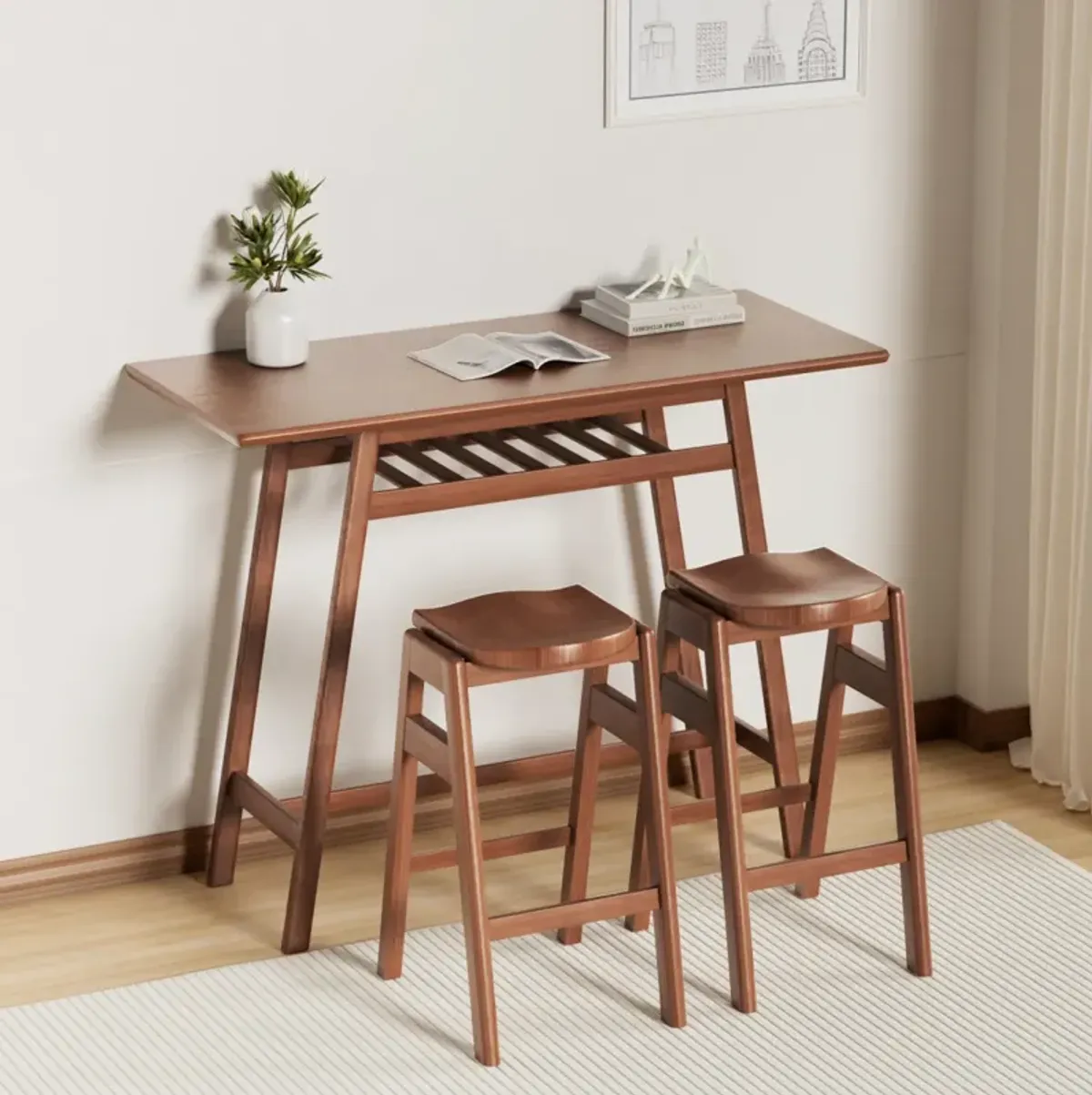 3 PCS Pub Dining Set Retro Bar Table Rubberwood Stackable Backless High Stool For 2