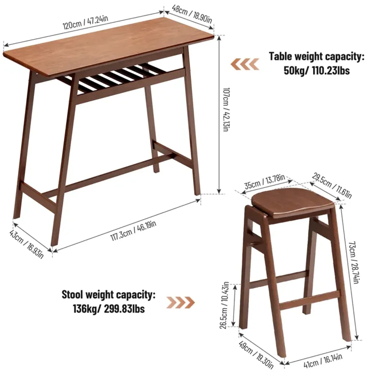 3 PCS Pub Dining Set Retro Bar Table Rubberwood Stackable Backless High Stool For 2