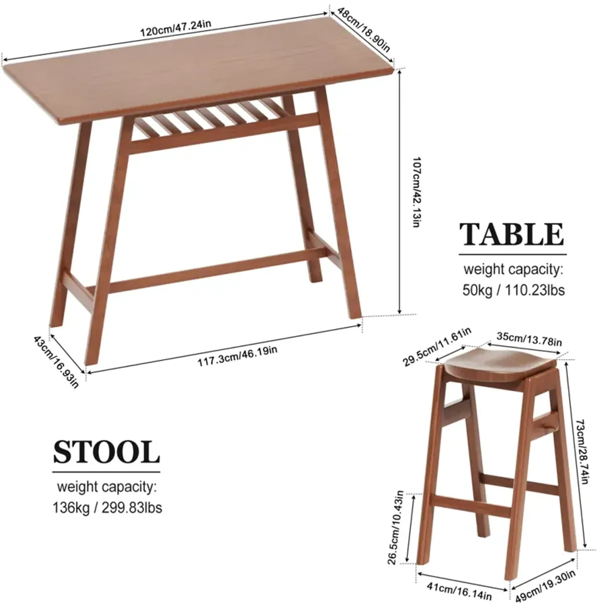 3 PCS Pub Dining Set Retro Bar Table Rubberwood Stackable Backless High Stool For 2