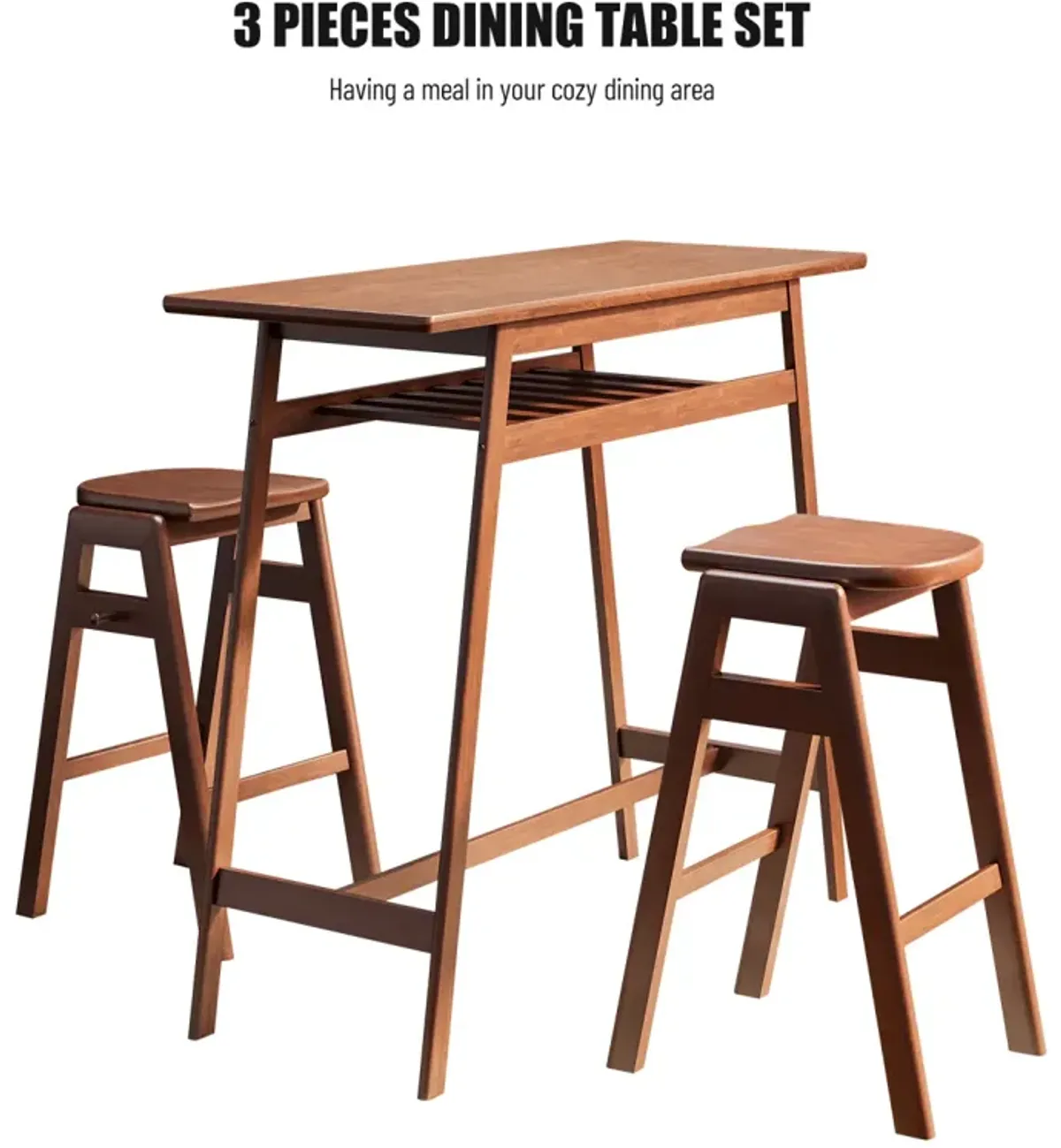 3 PCS Pub Dining Set Retro Bar Table Rubberwood Stackable Backless High Stool For 2