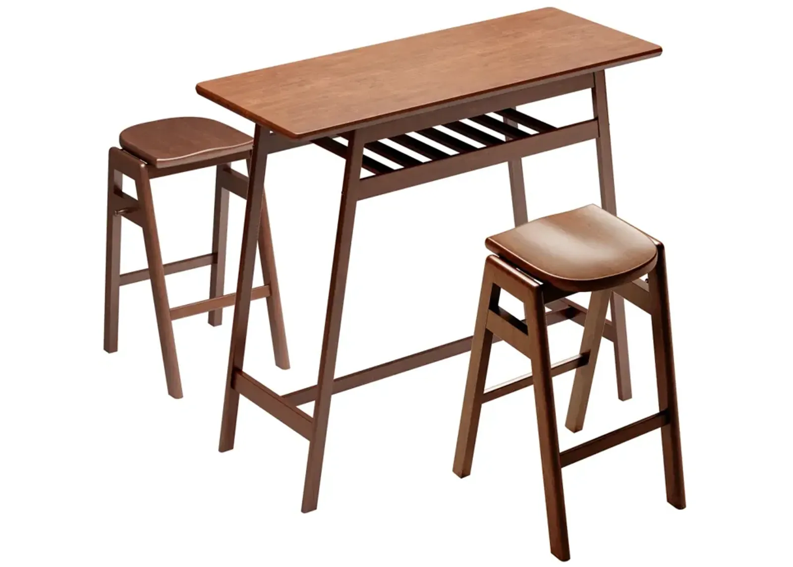 3 PCS Pub Dining Set Retro Bar Table Rubberwood Stackable Backless High Stool For 2