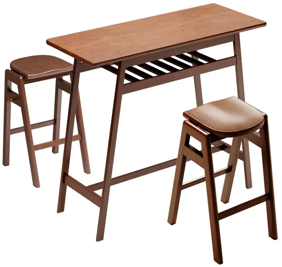 3 PCS Pub Dining Set Retro Bar Table Rubberwood Stackable Backless High Stool For 2