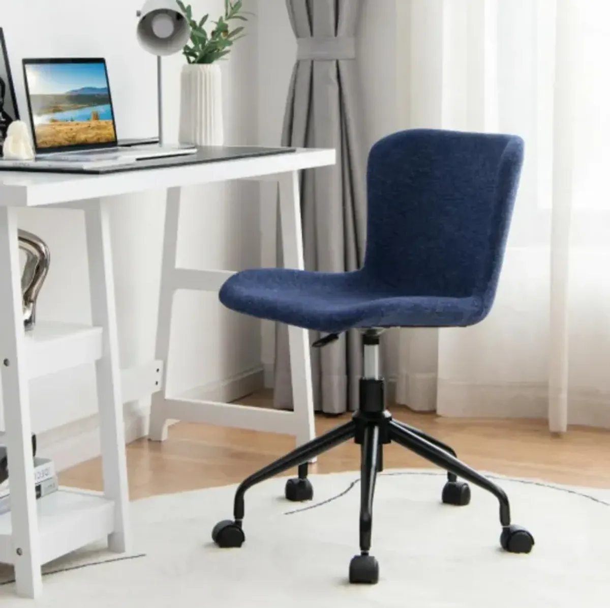 Mid Back Armless Office Chair Adjustable Swivel Linen Task Chair-Blue