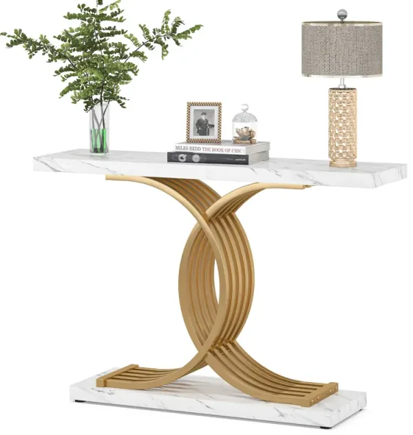 Console Table for Entryway, 39 Inches White Faux Marble Sofa Table with Gold Geometric Frame, Modern Sofa Table Behind Couch, Hallway Foyer Table Accent Table for Living Room, Entrance