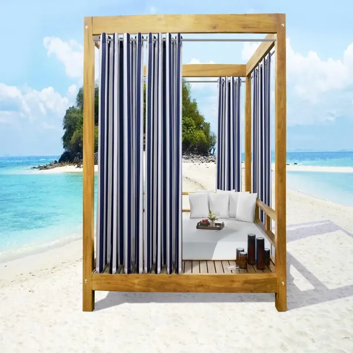 Commonwealth Seascapes Stripes Light Filtering Satiny Look Provide Privacy Grommet Outdoor Panel Pair Each 50" x 84" Indigo