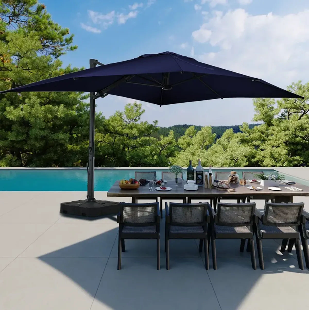 10x13 ft. 360° Rotation Cantilever Patio Umbrella with BaseandLED Light in Navy Blue