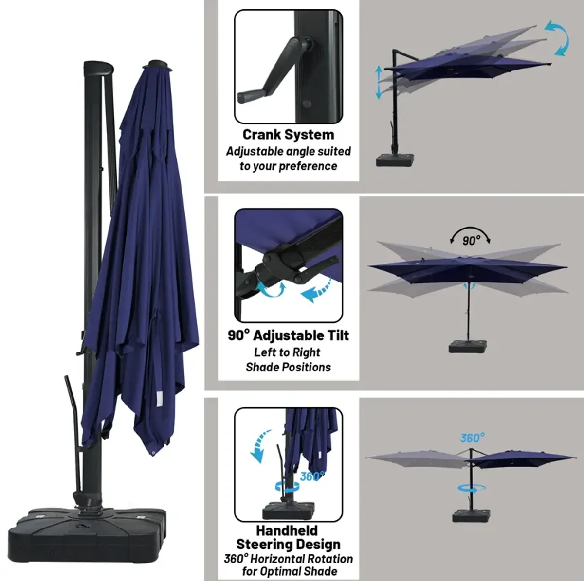 10x13 ft. 360° Rotation Cantilever Patio Umbrella with BaseandLED Light in Navy Blue