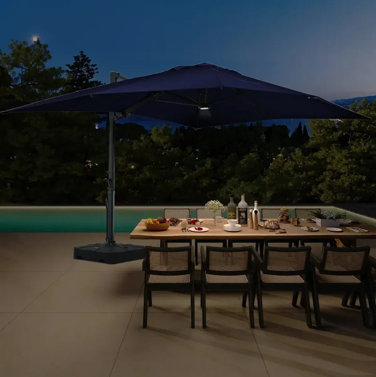 10x13 ft. 360° Rotation Cantilever Patio Umbrella with BaseandLED Light in Navy Blue