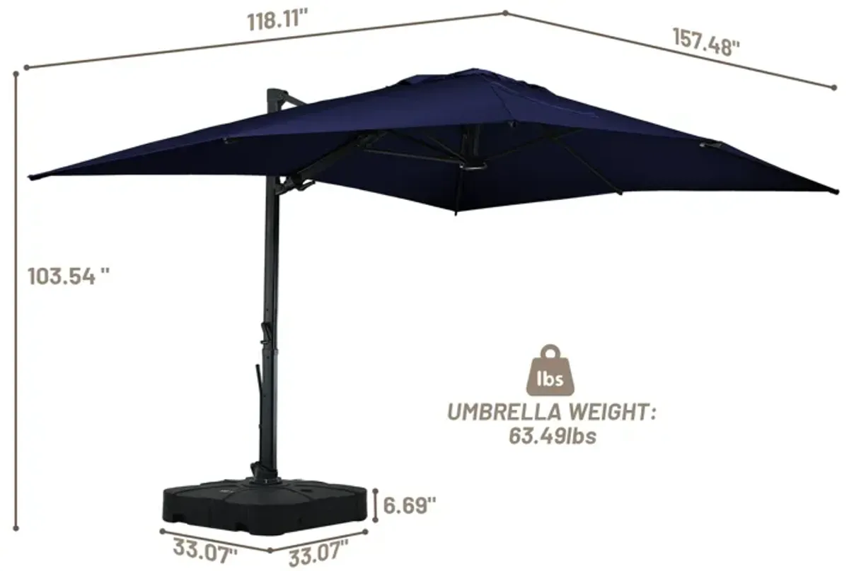 10x13 ft. 360° Rotation Cantilever Patio Umbrella with BaseandLED Light in Navy Blue