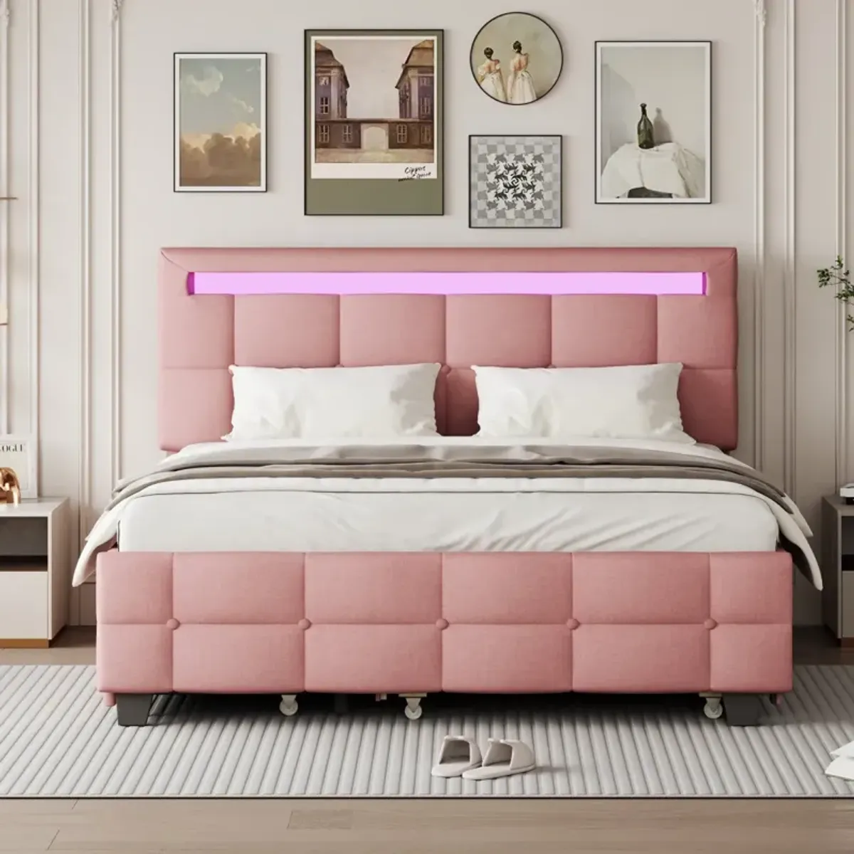 Upholstered Queen Platform Bed with LED Frame & Trundle