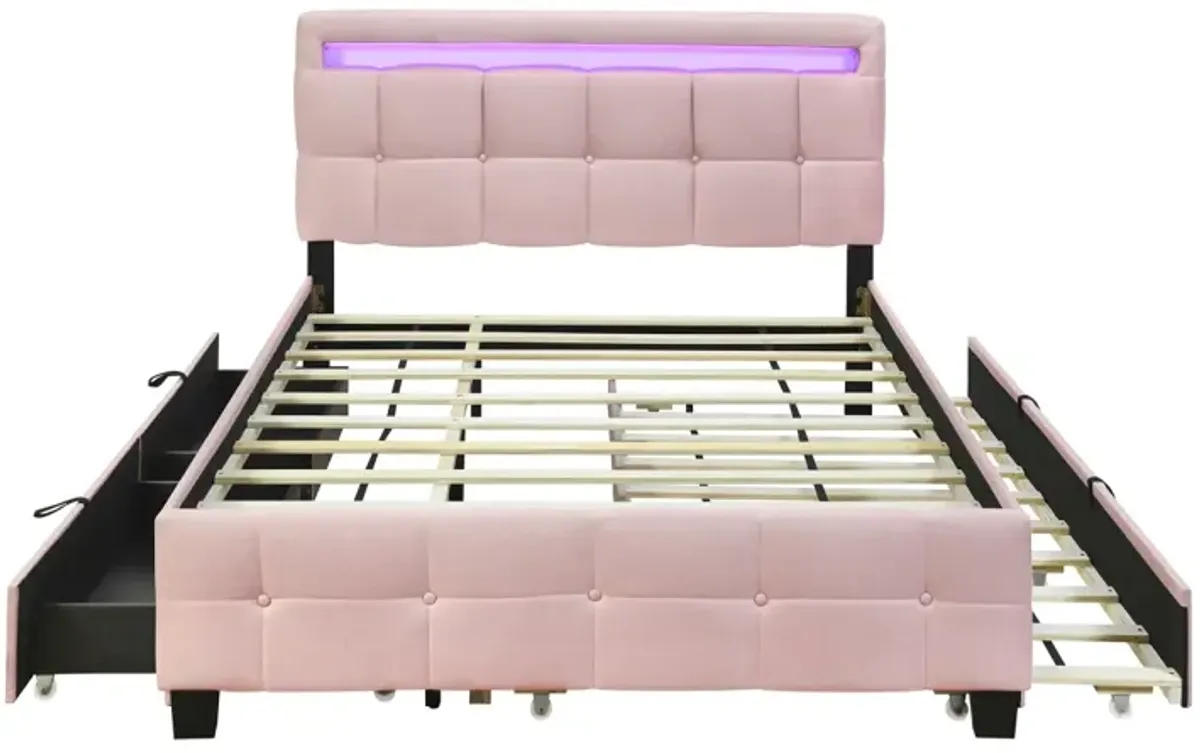 Upholstered Queen Platform Bed with LED Frame & Trundle