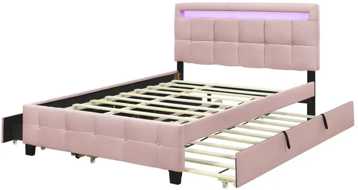 Upholstered Queen Platform Bed with LED Frame & Trundle