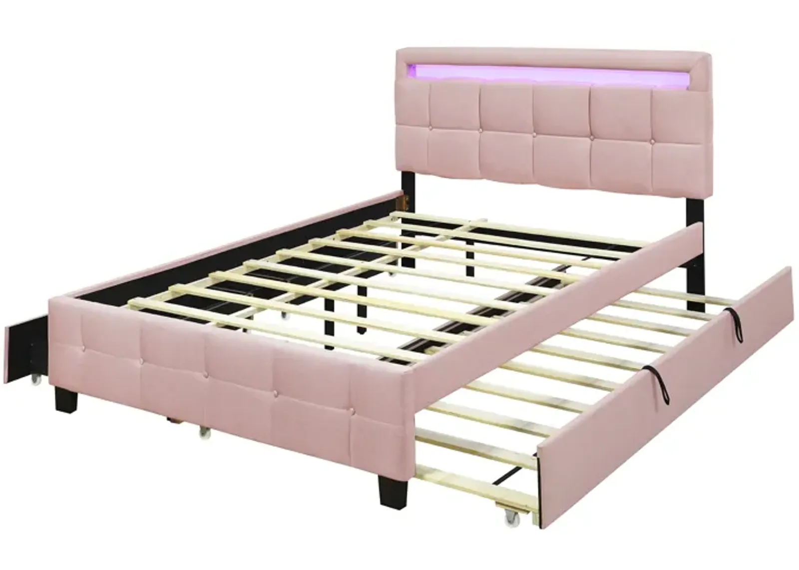 Upholstered Queen Platform Bed with LED Frame & Trundle