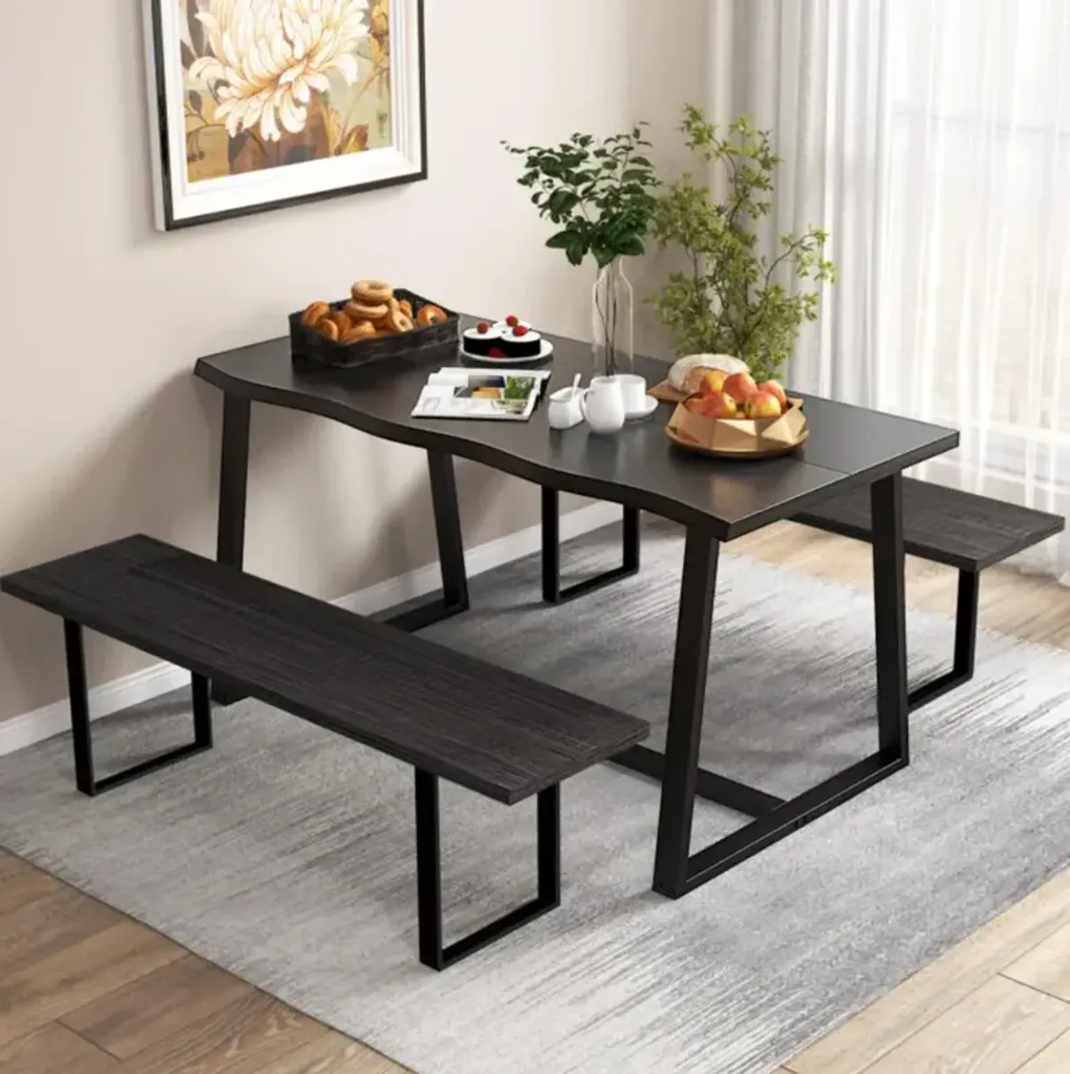 Hivvago 63" Large Dining Table with Wavy Edge and Heavy-duty Metal Frame