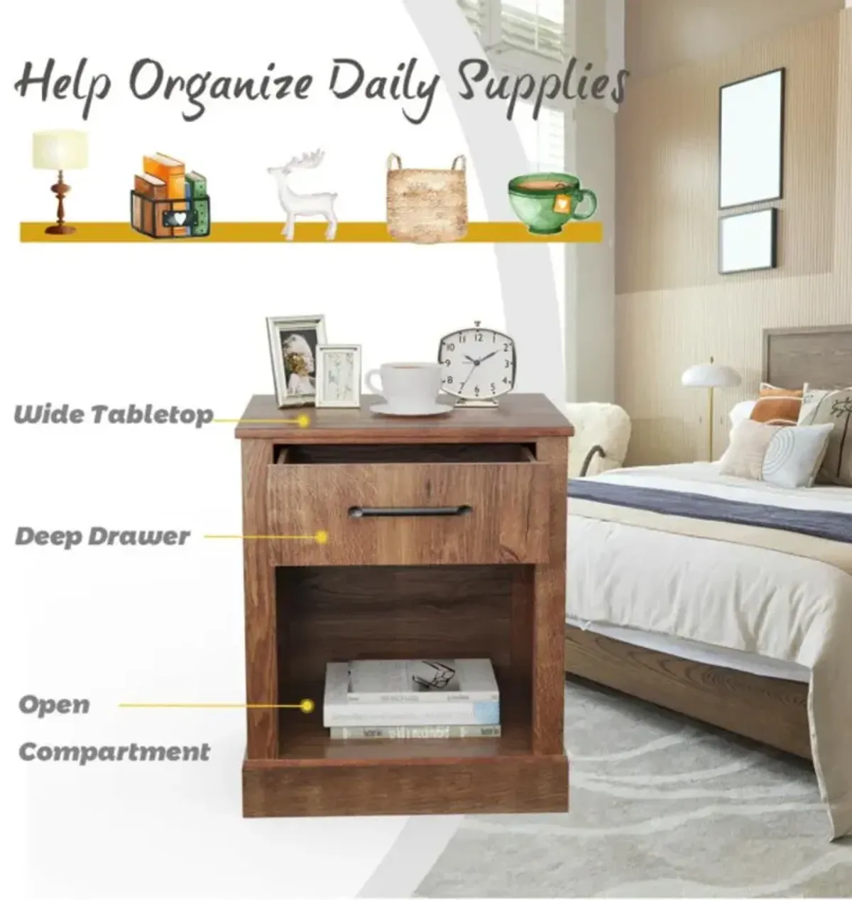 Hivvago Compact Nightstand with Drawer and  Shelf