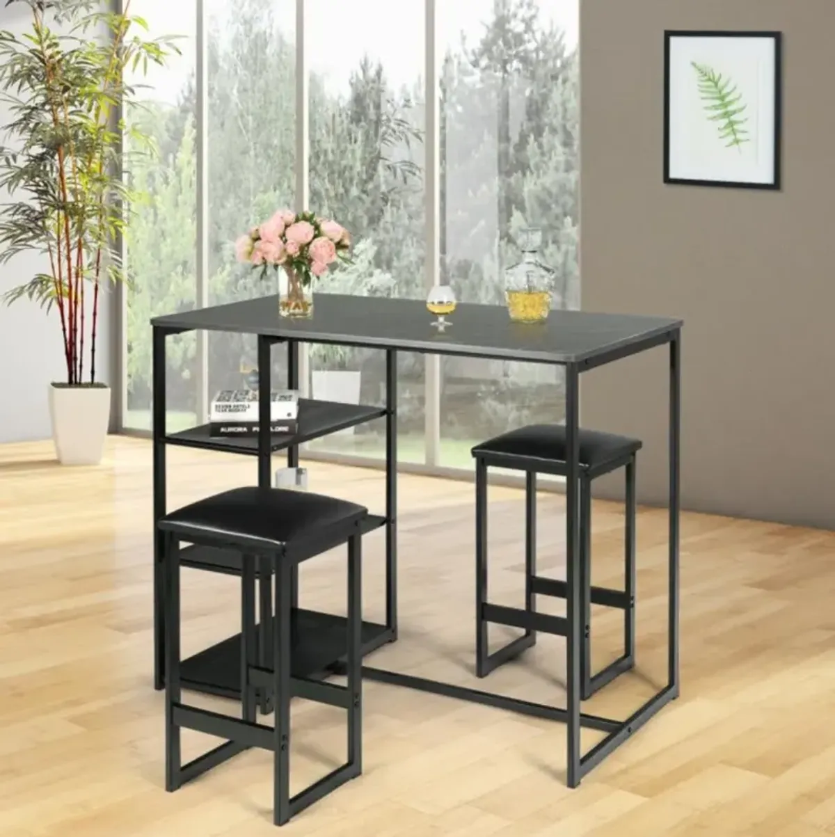 Hivvago 3 Pieces Dining Set with Rectangular Faux Marble and 3 Metal Storage Shelves