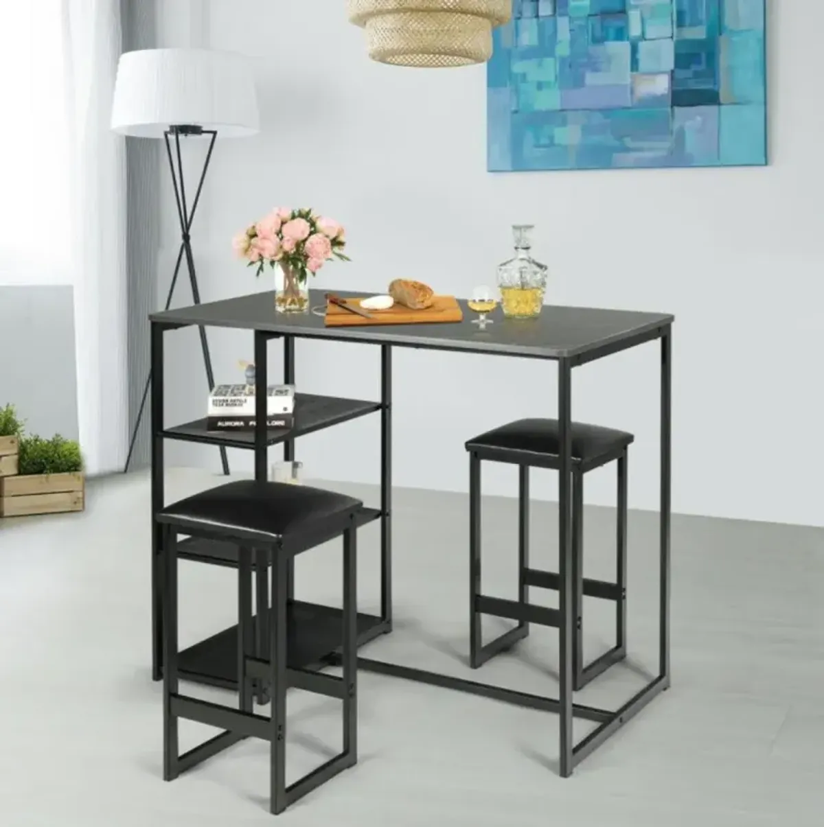 Hivvago 3 Pieces Dining Set with Rectangular Faux Marble and 3 Metal Storage Shelves