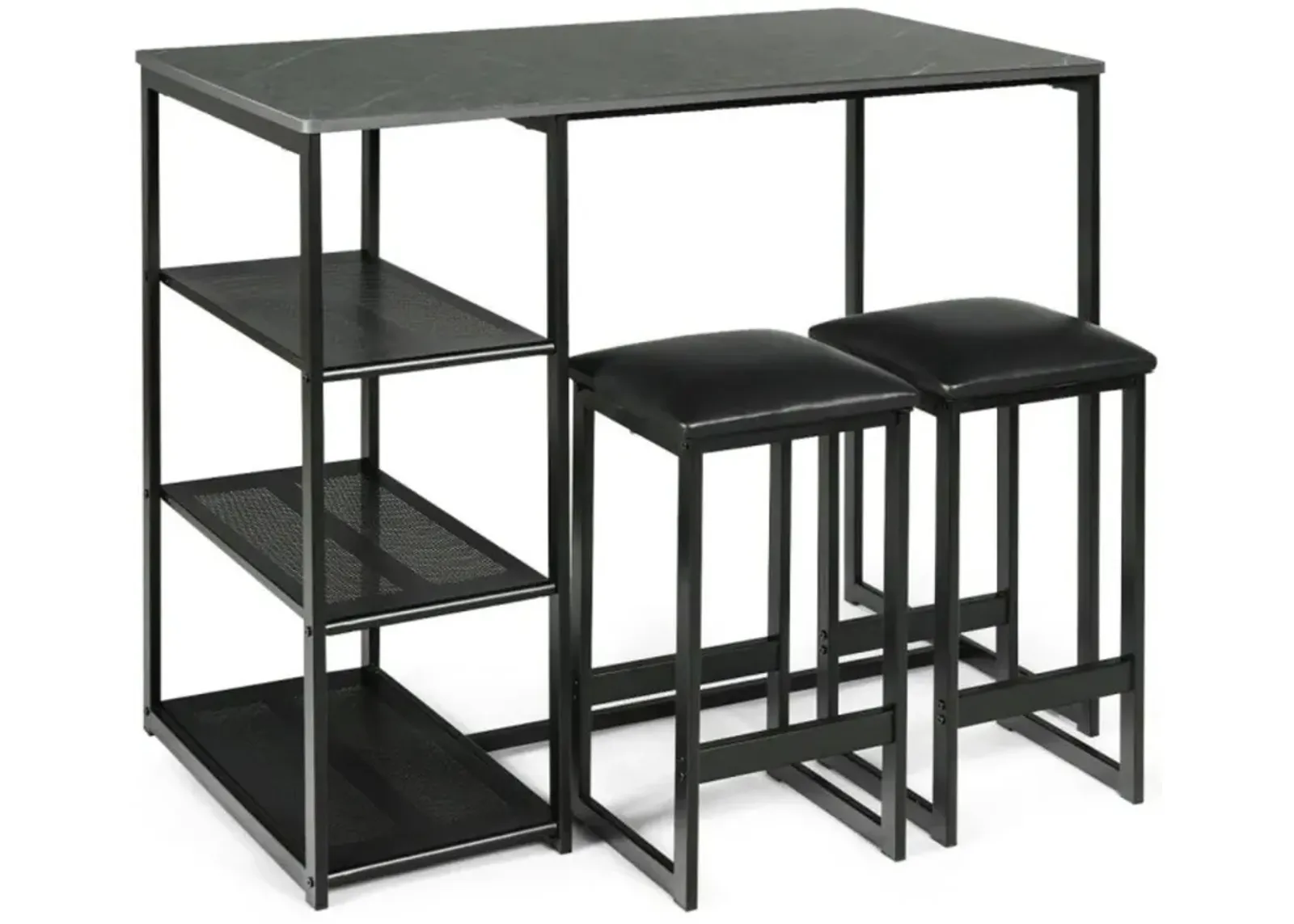 Hivvago 3 Pieces Dining Set with Rectangular Faux Marble and 3 Metal Storage Shelves