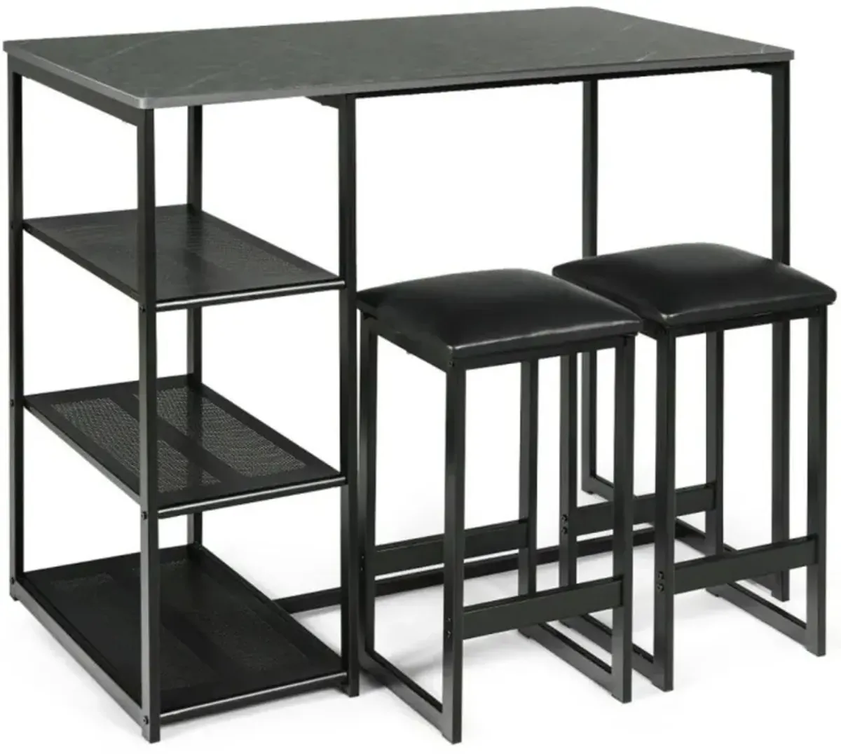 Hivvago 3 Pieces Dining Set with Rectangular Faux Marble and 3 Metal Storage Shelves