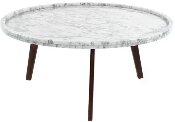 Cassara 31" Round Italian Carrara White Marble Coffee Table with Walnut Legs