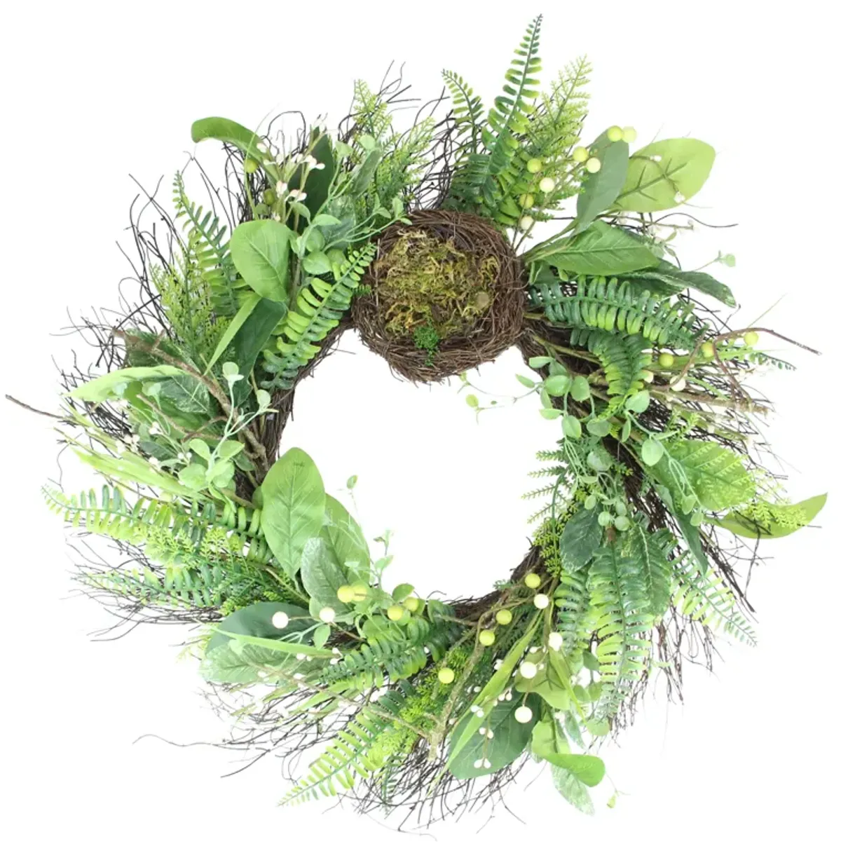 Green and Brown Foliage Artificial Spring Wreath with Nest - 24-Inch  Unlit