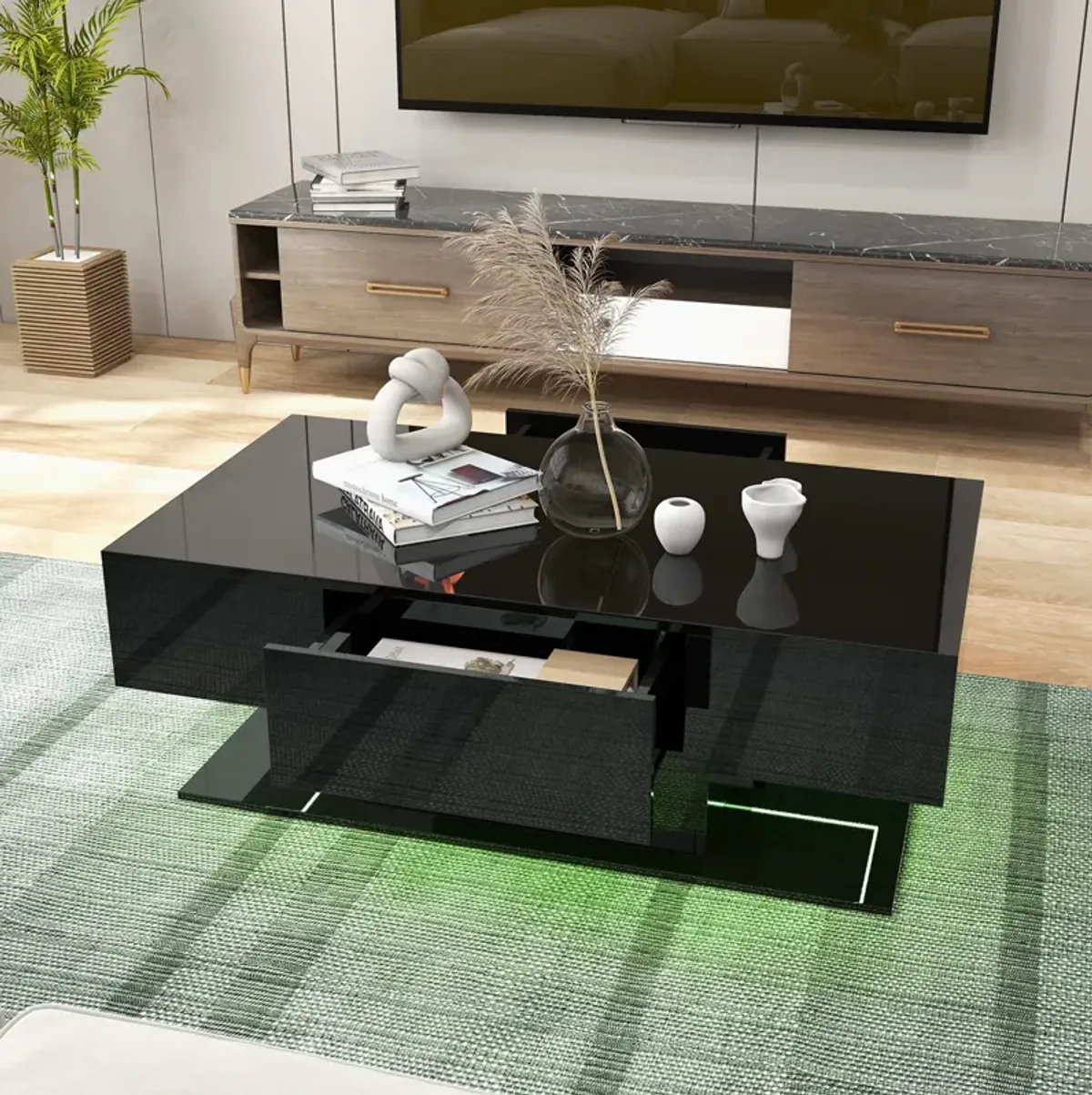 Modern LED Coffee Table with 20 Color LED Lights and 2 Storage Drawers