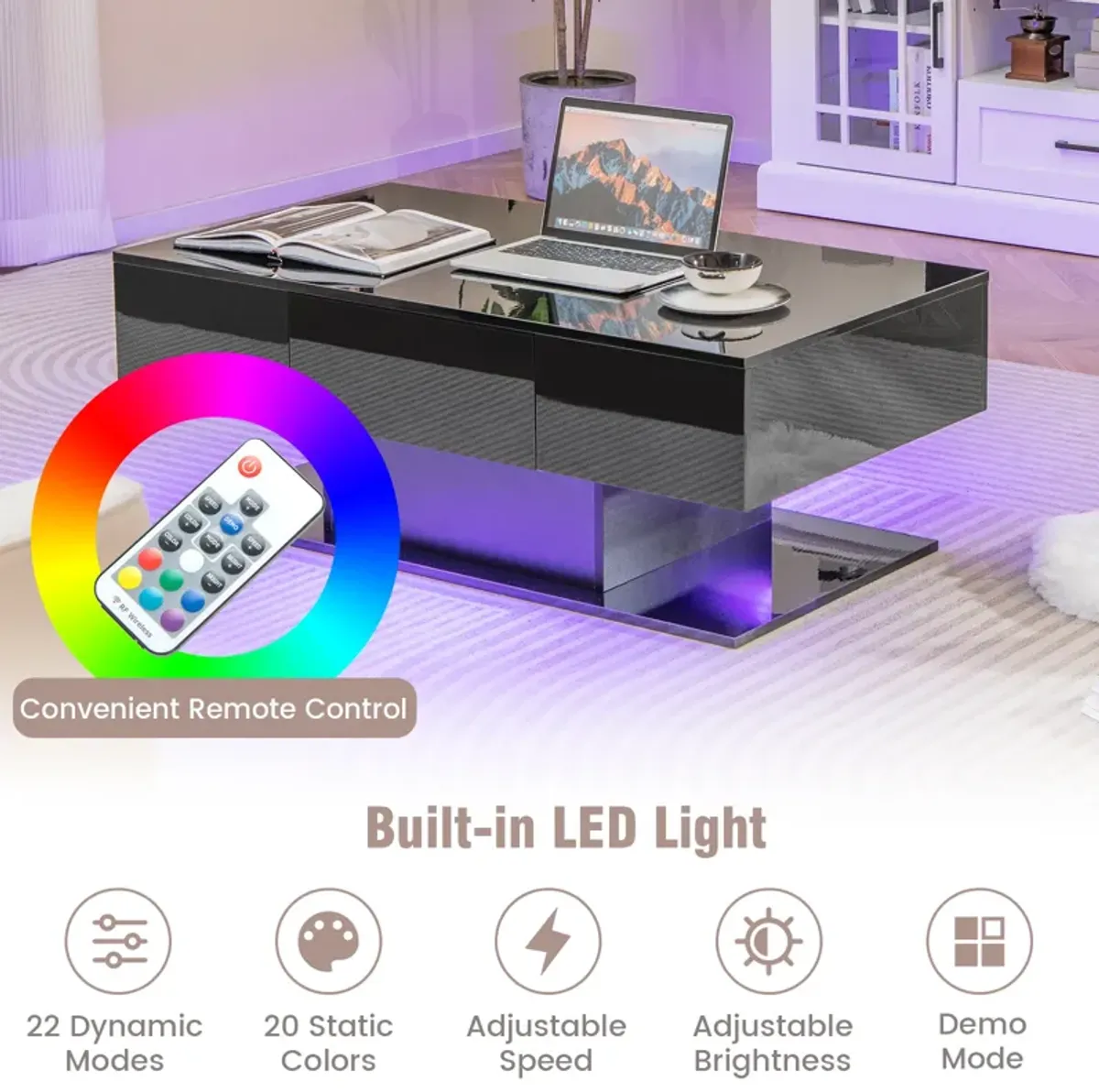 Modern LED Coffee Table with 20 Color LED Lights and 2 Storage Drawers