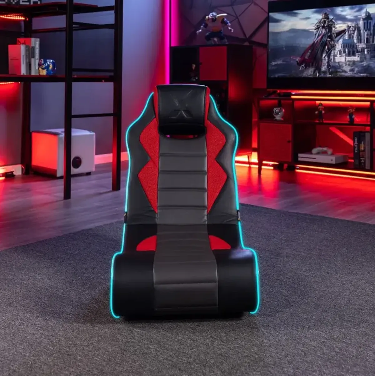 X Rocker Flash LED Wired Audio Floor Rocker Gaming Chair, Neo Fiber, Red/Black/Gray