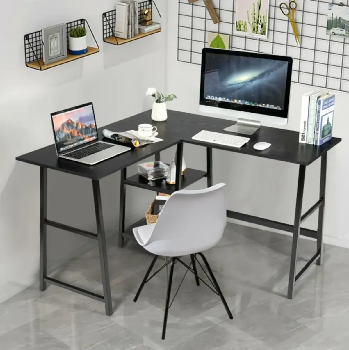 Hivvago L Shaped Corner Computer Desk with Storage Shelves