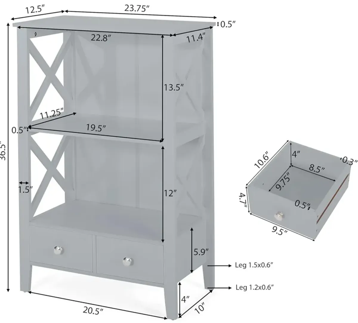 Veny Bathroom Linen Storage Rack, 24 x 36, 2 Shelves, 2 Drawers, Gray - Benzara