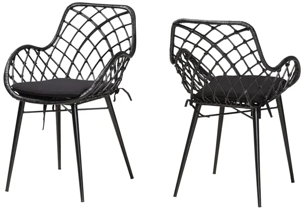 Bali & Pari Ballerina Modern Black Finished Rattan and Metal 2-Piece Dining Chair Set