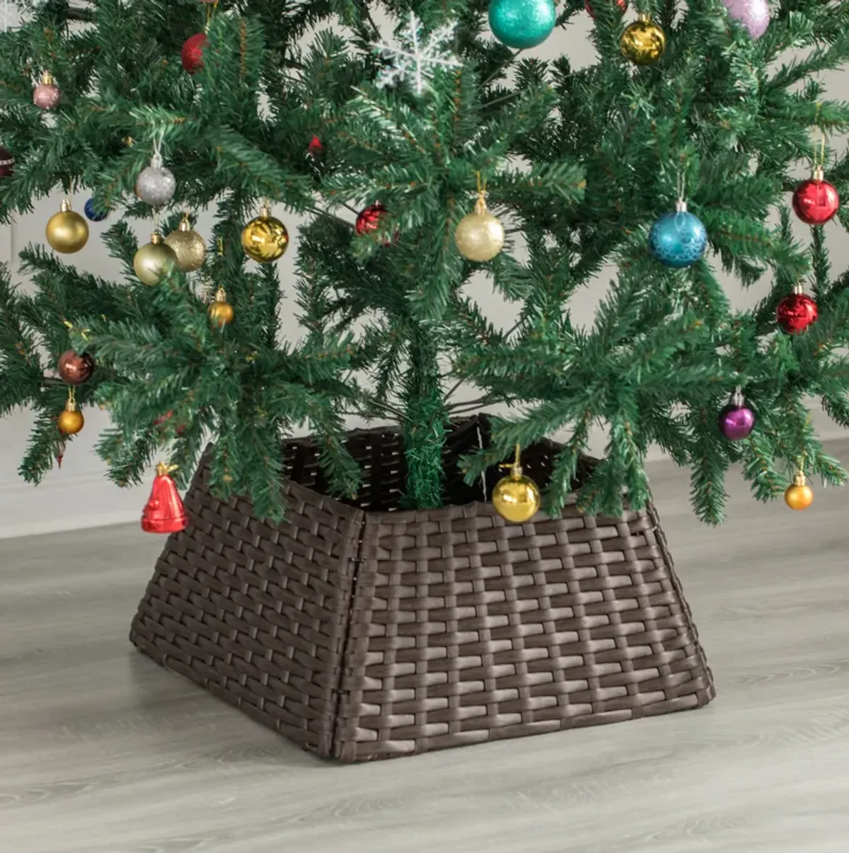 Foldable Christmas Tree Skirt Collar Basket, Ring Base Stand Cover, Rattan Plastic, Grey